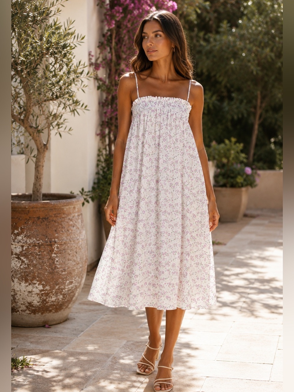 Wayf Nella Floral Midi Dress XS Ivory Ditsy Print Pockets Cottagecore